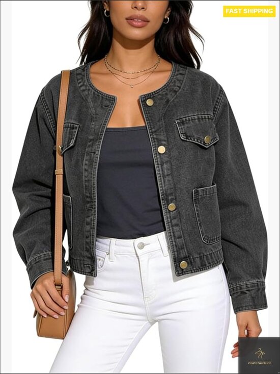 Jackets & Blazers - Cropped Denim Jacket with Pockets Long Sleeve Button Down Classic Western Y2K